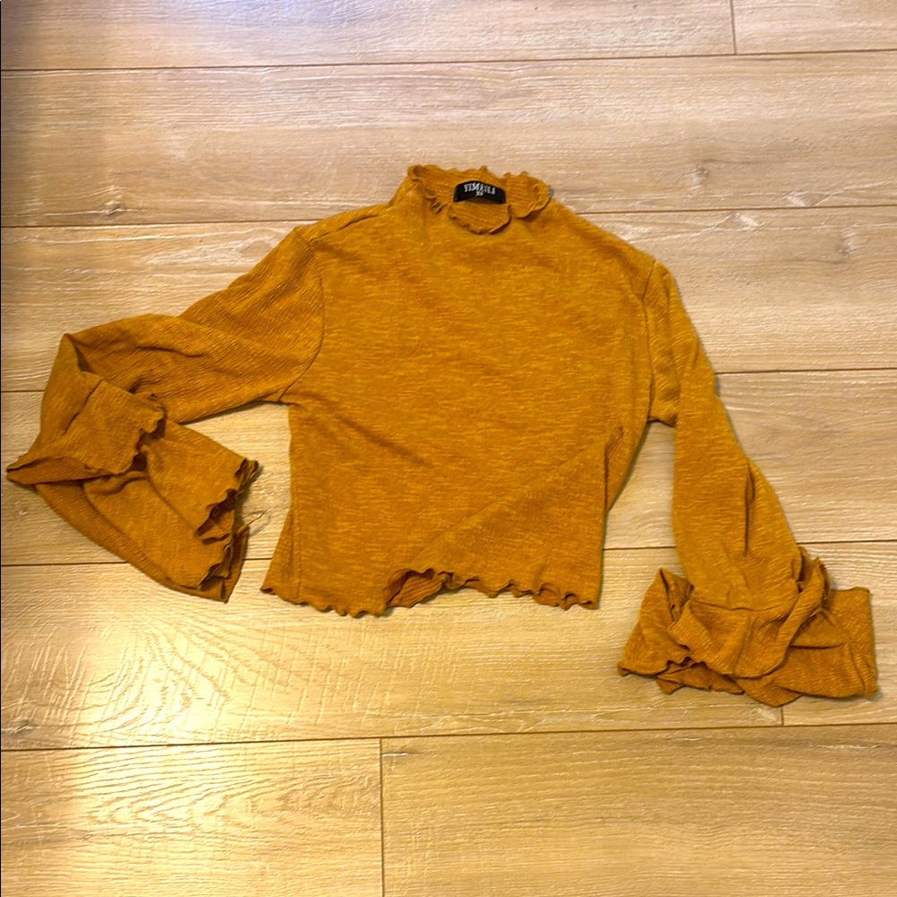 Yimeili Mustard Gold Bell Sleeve Crop Blouse XS